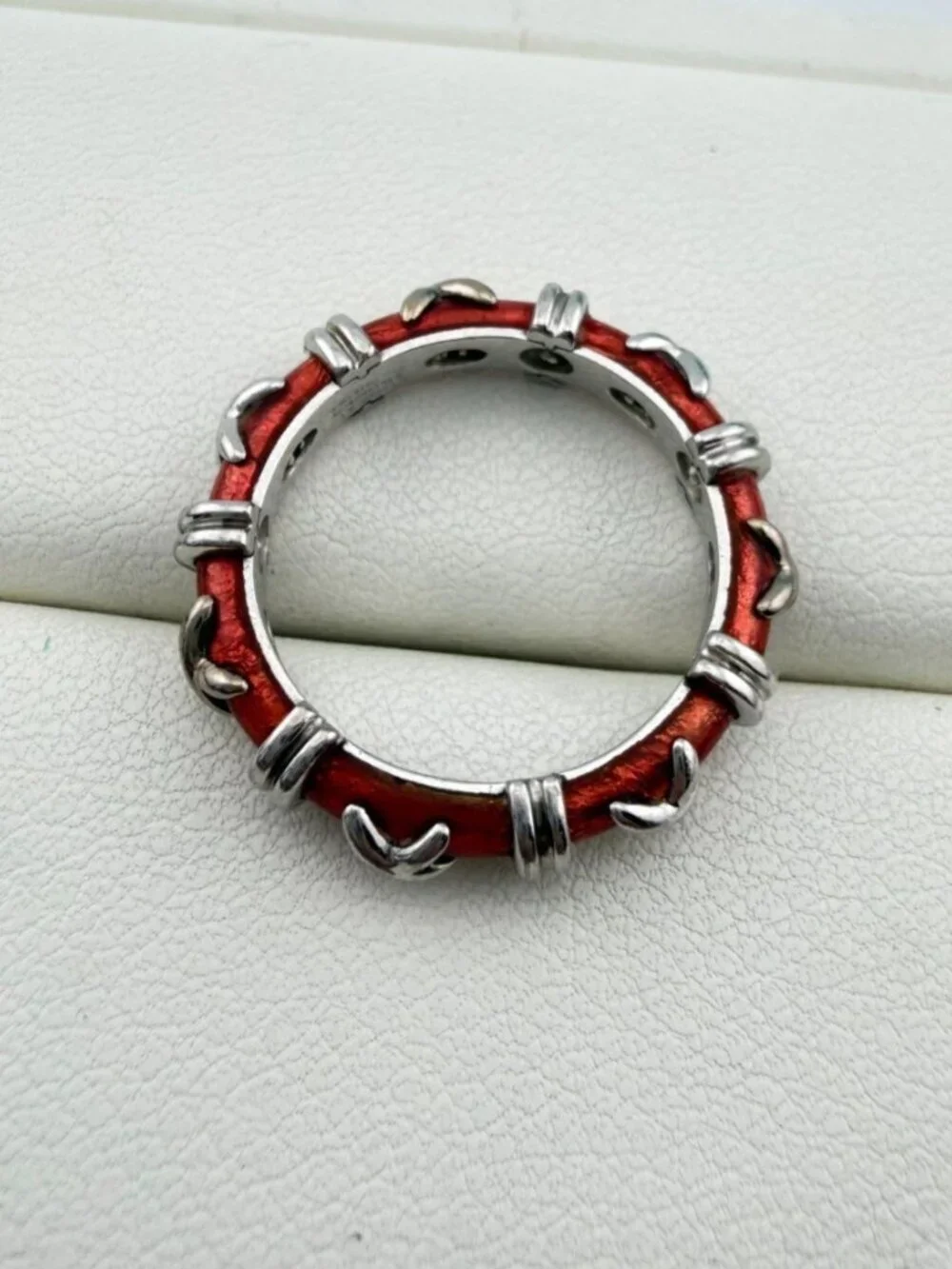 Tiffany & Co. Schlumberger Croisillon Ring Red Paillonne Enamel 18k Gold Sz 5.5